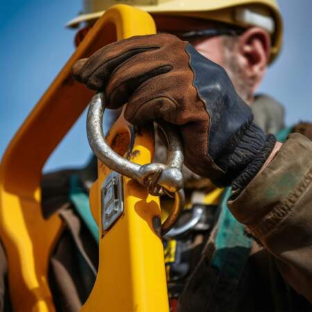 Arbeiter mit braunen Arbeitshandschuhen und Schutzhelm befestigt Metallverschluss an gelbem Rahmen, Nahaufnahme industrieller Sicherheitsausrüstung.